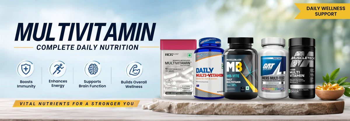Shop multivitamins and minerals at Nutristar, supplement bottle with fruits and vitamin icons.