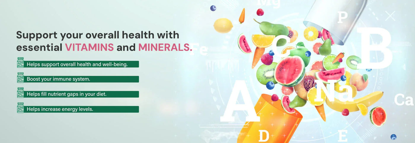 Shop multivitamins and minerals at Nutristar, vibrant fruits and supplement imagery
