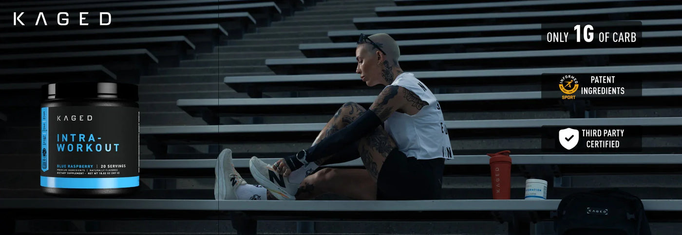 Shop Kaged Intra-Workout supplement online at Nutristar, featuring athlete on stadium bench