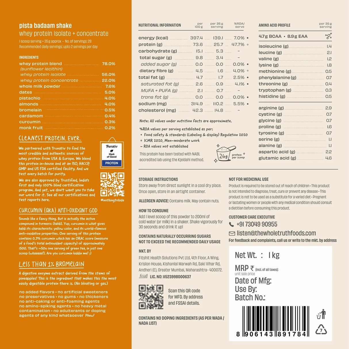 The Whole Truth 24g Whey Protein Concentrate - 1 Kg (Pack of 2)