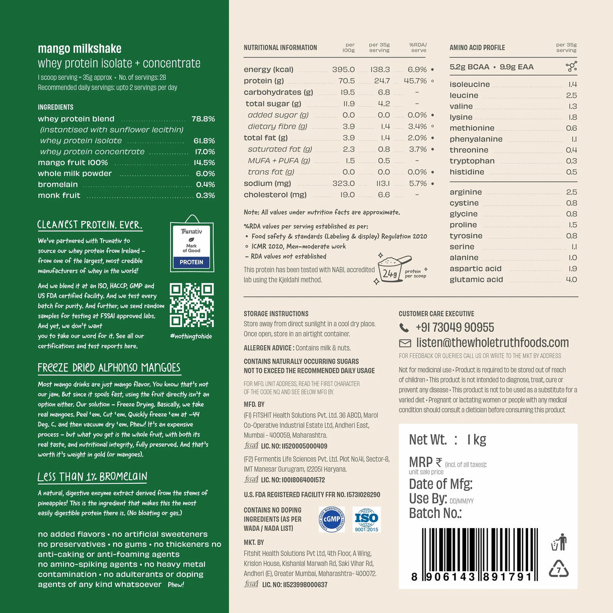 The Whole Truth 24g Whey Protein Concentrate - 1 Kg (Pack of 2)