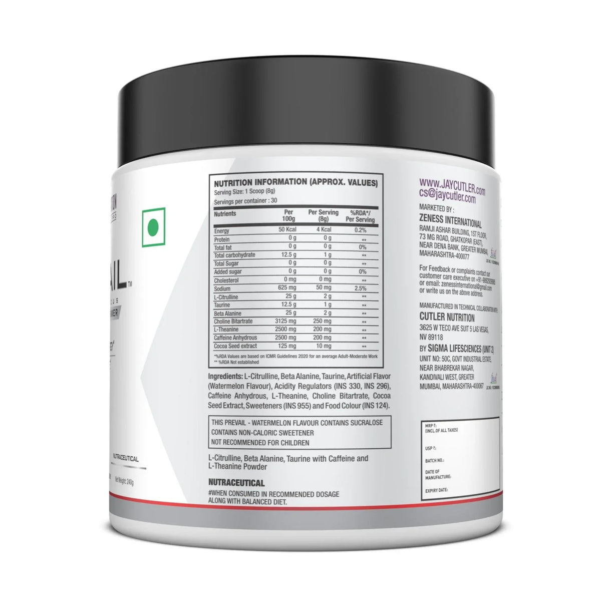 Cutler Nutrition Prevail Pre Workout- 30 Servings