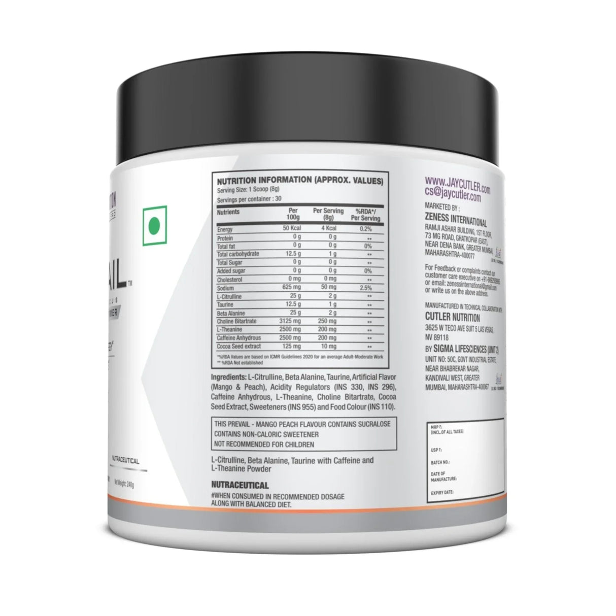 Cutler Nutrition Prevail Pre Workout- 30 Servings