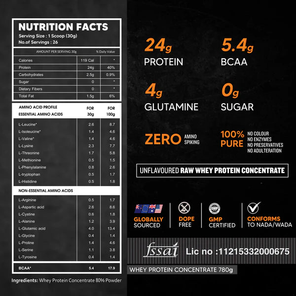 AS-IT-IS Nutrition Raw Whey Protein Concentrate 80% Unflavoured, 780 Gm