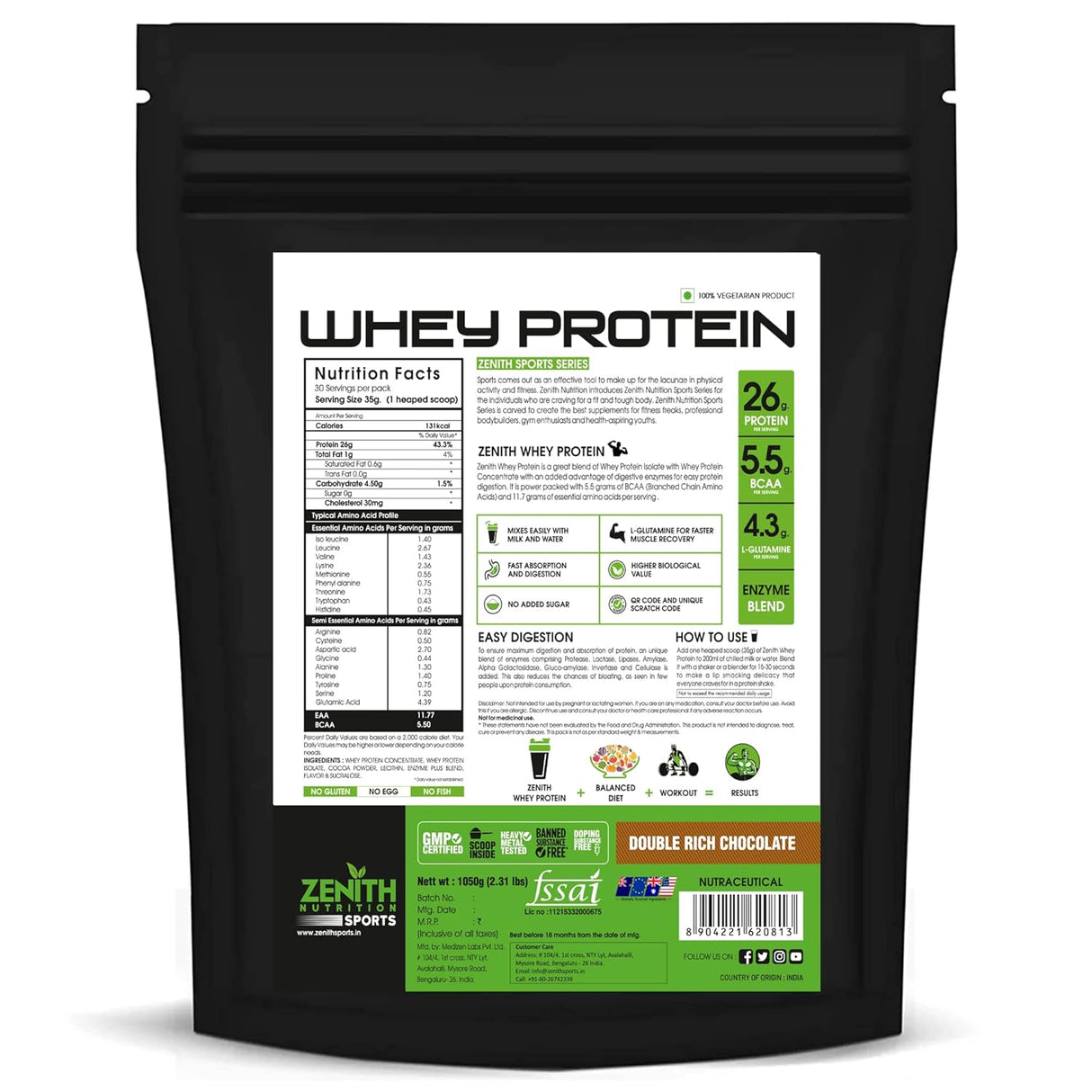 Zenith Nutrition Whey Protein with Enzymes for Digestion | 26g protein 1 Kg
