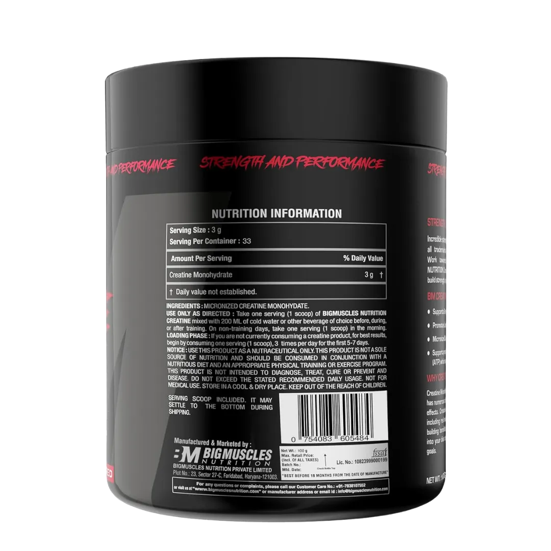 Big Muscles Nutrition Micronised Creatine Monohydrate Powder 100g - 33 Servings