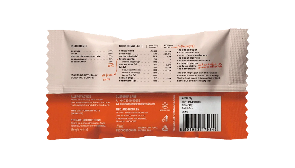 The Whole Truth - Protein Bars | Pack of 6 x 52g each | No Added Sugar | No Preservatives | No Artificial Sweeteners