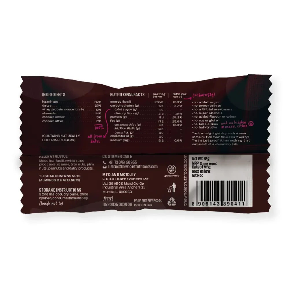 The Whole Truth - Protein Bars | Pack of 6 x 52g each | No Added Sugar | No Preservatives | No Artificial Sweeteners