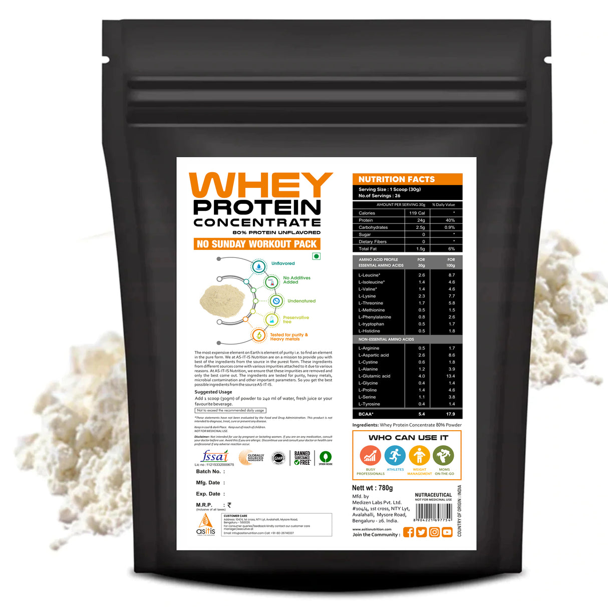 AS-IT-IS Nutrition Raw Whey Protein Concentrate 80% Unflavoured, 780 Gm