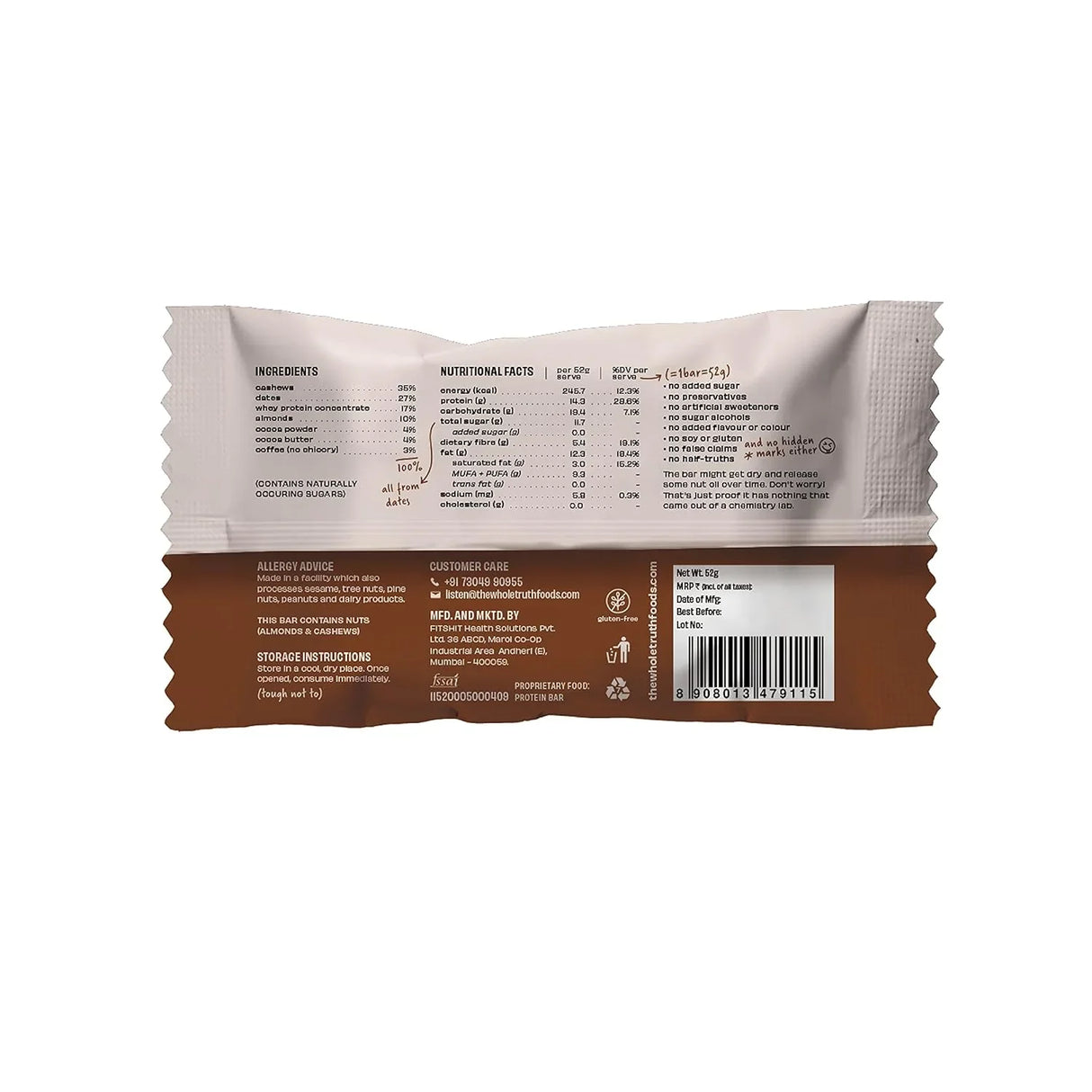 The Whole Truth - Protein Bars | Pack of 6 x 52g each | No Added Sugar | No Preservatives | No Artificial Sweeteners