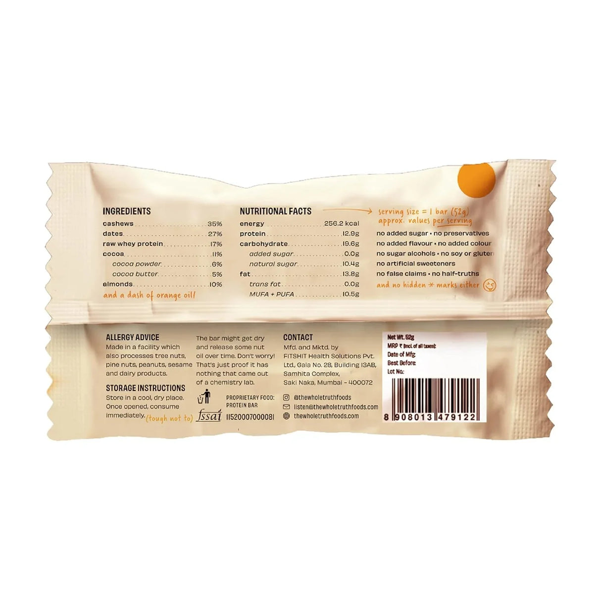 The Whole Truth - Protein Bars | Pack of 6 x 52g each | No Added Sugar | No Preservatives | No Artificial Sweeteners