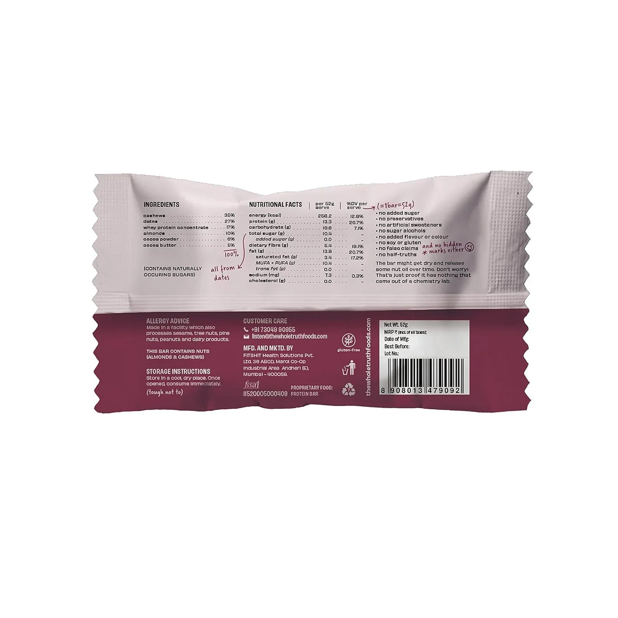 The Whole Truth - Protein Bars | Pack of 6 x 52g each | No Added Sugar | No Preservatives | No Artificial Sweeteners