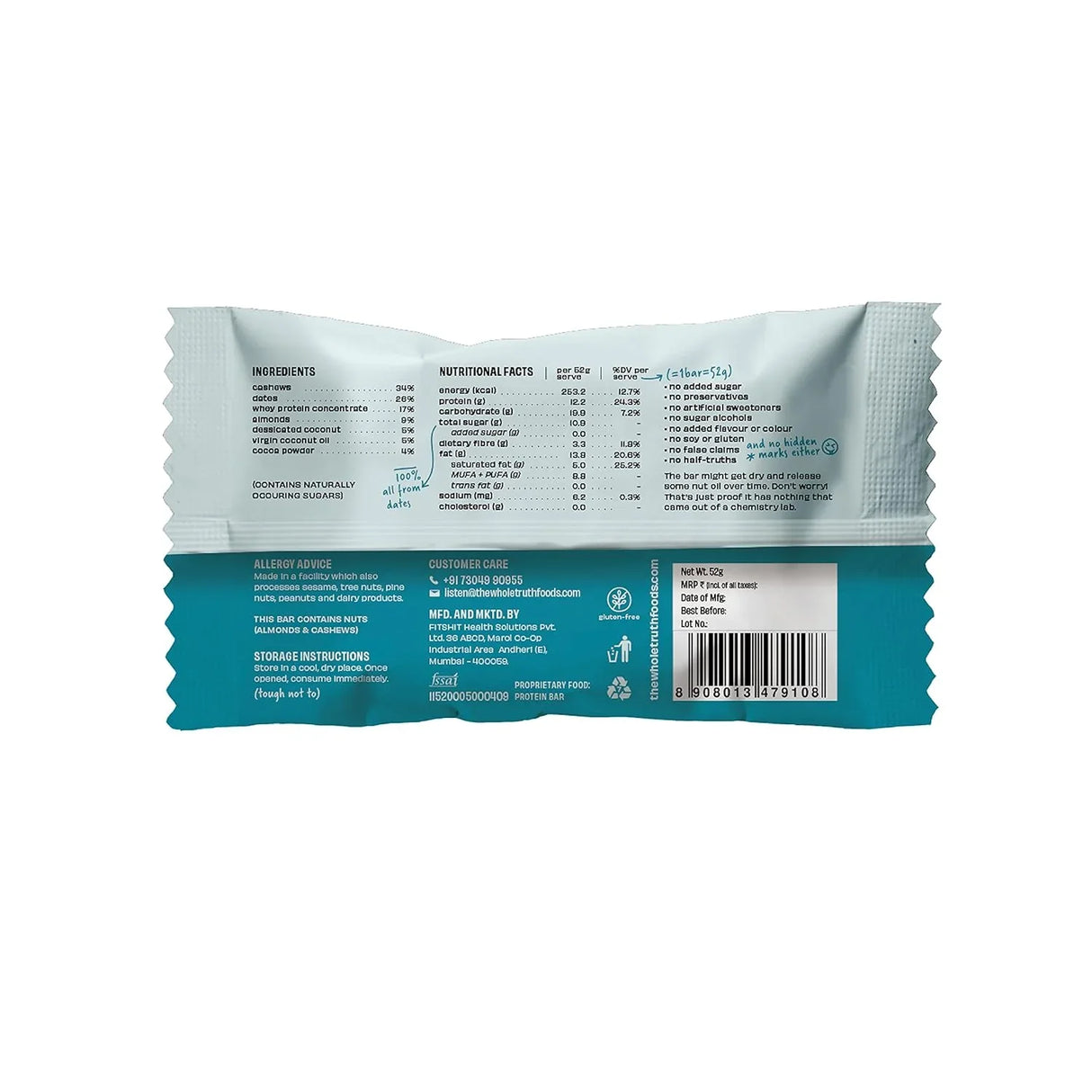 The Whole Truth - Protein Bars | Pack of 6 x 52g each | No Added Sugar | No Preservatives | No Artificial Sweeteners
