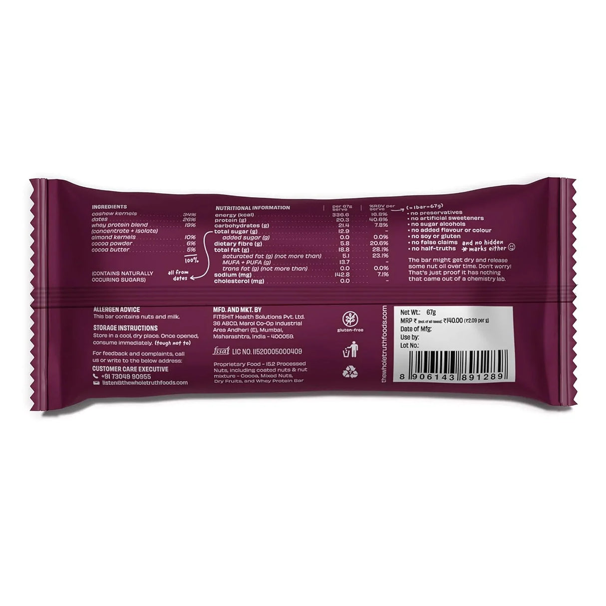 The Whole Truth - Protein Bars | Pack of 6 x 67g each | No Added Sugar | No Preservatives | No Artificial Sweeteners |