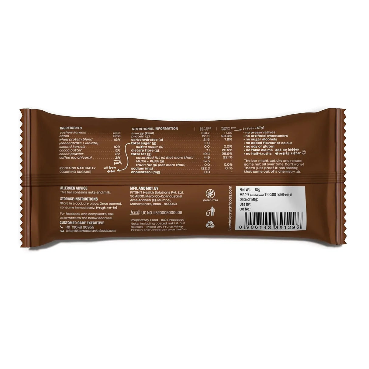 The Whole Truth - Protein Bars | Pack of 6 x 67g each | No Added Sugar | No Preservatives | No Artificial Sweeteners |