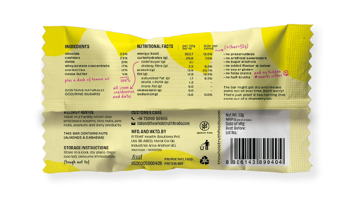 The Whole Truth - Protein Bars | Pack of 6 x 52g each | No Added Sugar | No Preservatives | No Artificial Sweeteners