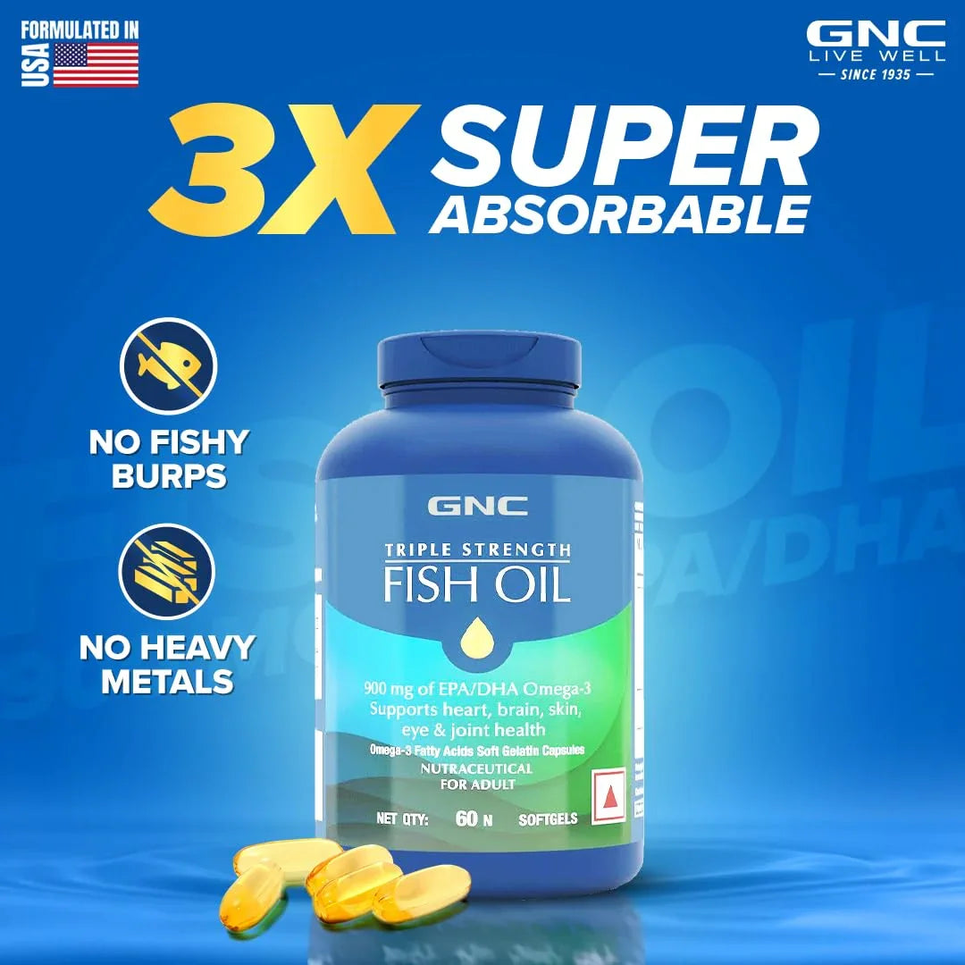 GNC Triple Strength Fish Oil - 1500 mg Fish Oil with 900 mg of highly absorbable EPA/DHA Omega-3 - 60 Softgels