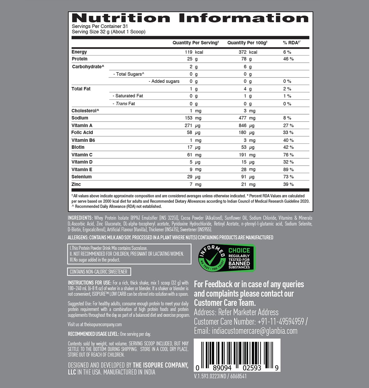 Isopure Low Carb 100% Whey Protein Isolate -2.2 Lbs ( 1 kg )