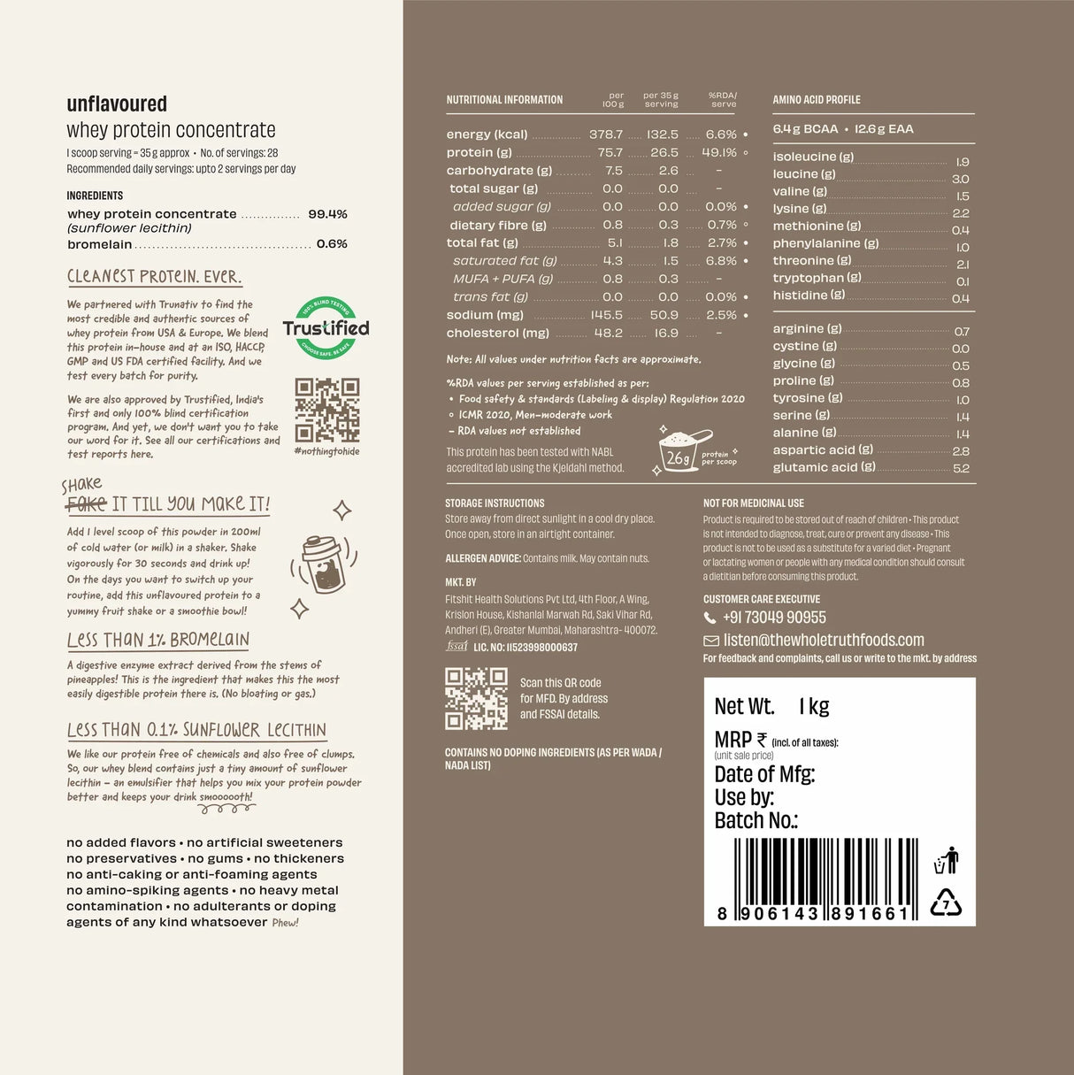 The Whole Truth 26g Whey Protein Concentrate - 1kg