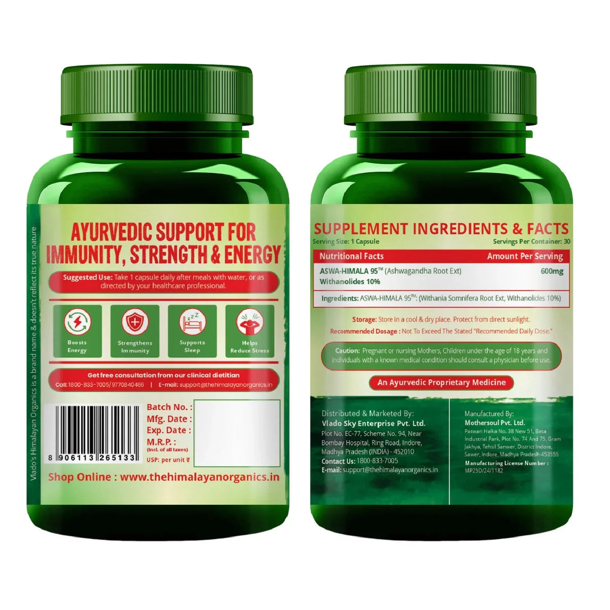Vlado's Himalayan Organics, Ashwagandha 10% Withanolides 600mg, High Potency Ayurvedic Supplement - 30 Capsules