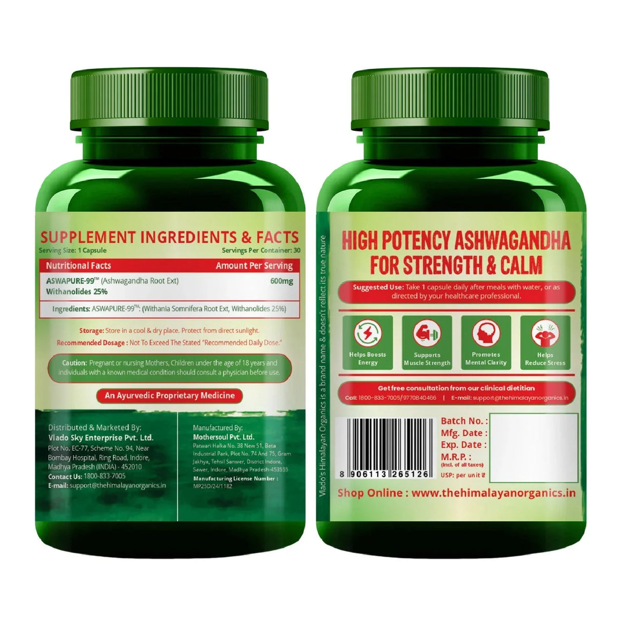 Vlado's Himalayan Organics, Ashwagandha 25% Withanolides 600mg, Maximum Potency Ayurvedic Supplement - 30 Capsules