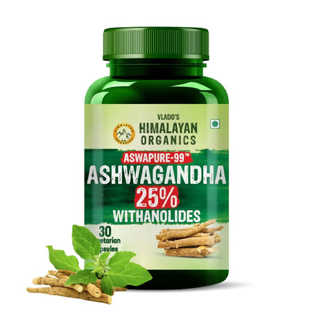 Vlado's Himalayan Organics, Ashwagandha 25% Withanolides 600mg, Maximum Potency Ayurvedic Supplement - 30 Capsules