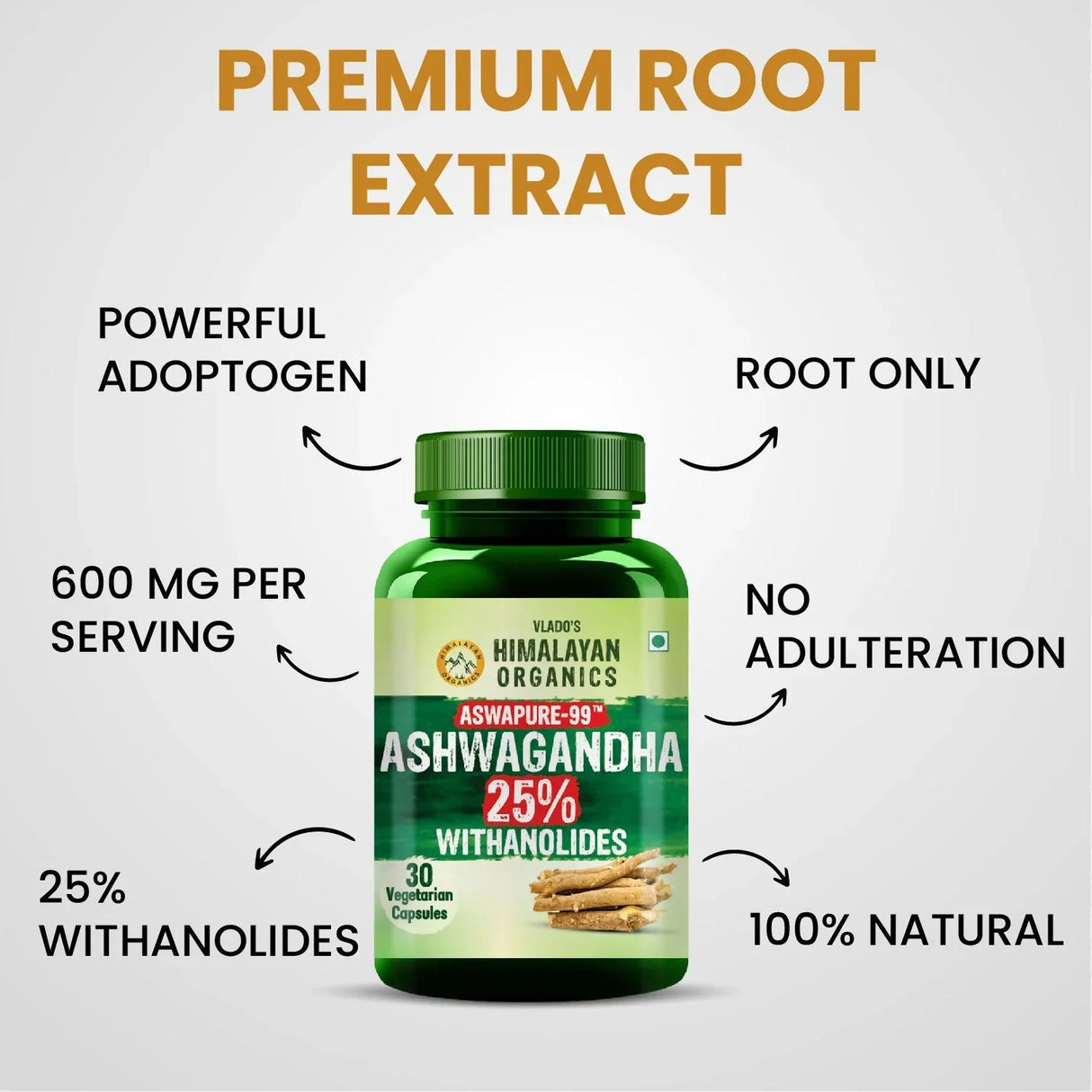 Vlado's Himalayan Organics, Ashwagandha 25% Withanolides 600mg, Maximum Potency Ayurvedic Supplement - 30 Capsules