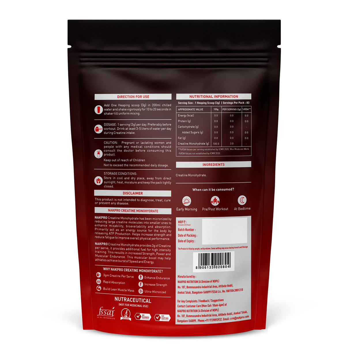 NAKPRO Micronized Creatine Monohydrate 250g