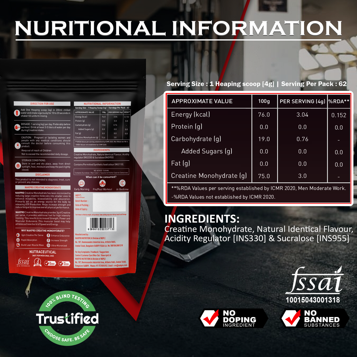 NAKPRO Micronized Creatine Monohydrate 250g