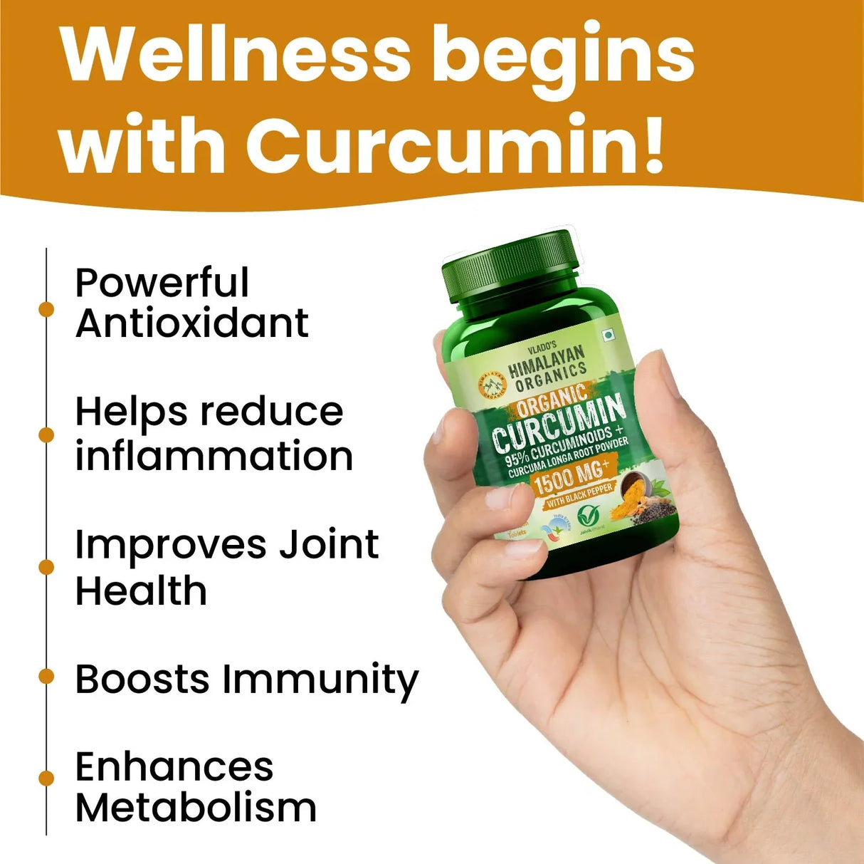 Vlado's Himalayan Organics, Curcumin Tablets 1500mg with Black Pepper, Anti-Inflammatory Supplement - 60 Veg Tablets