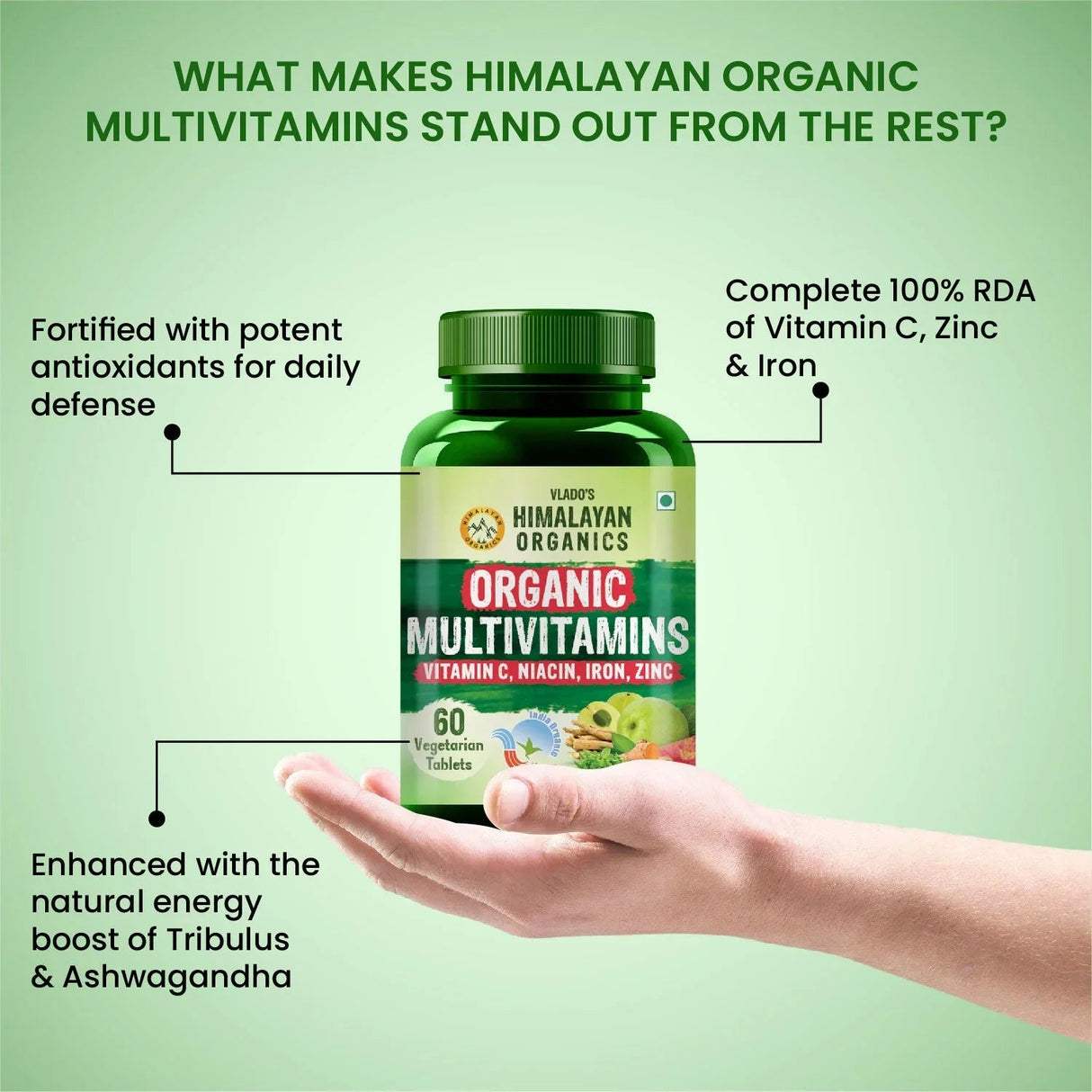 Vlado's Himalayan Organics, Organic Multivitamins with Ashwagandha, Zinc & Turmeric, Immunity & Stamina Support - 60 Veg Tablets