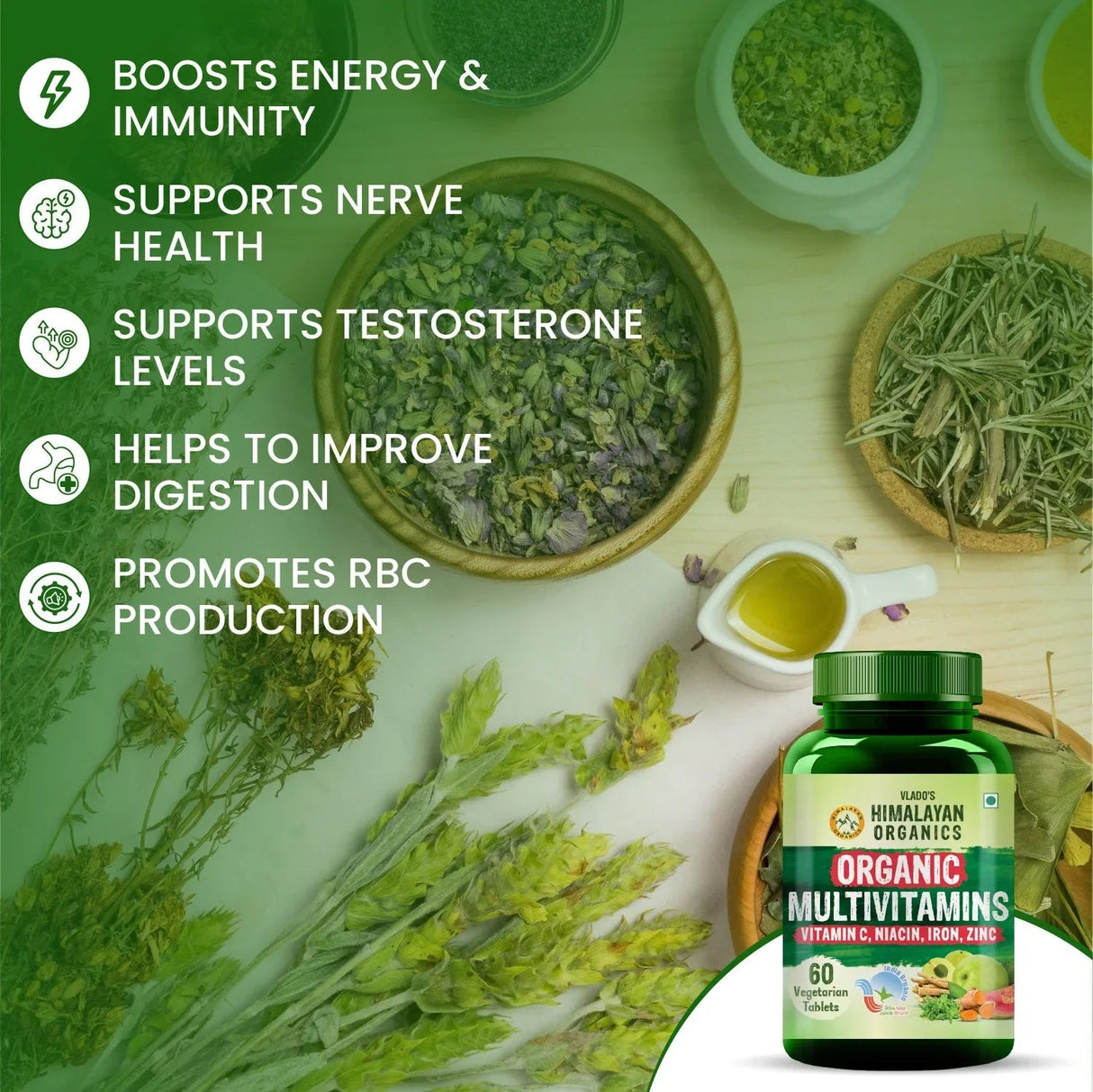 Vlado's Himalayan Organics, Organic Multivitamins with Ashwagandha, Zinc & Turmeric, Immunity & Stamina Support - 60 Veg Tablets