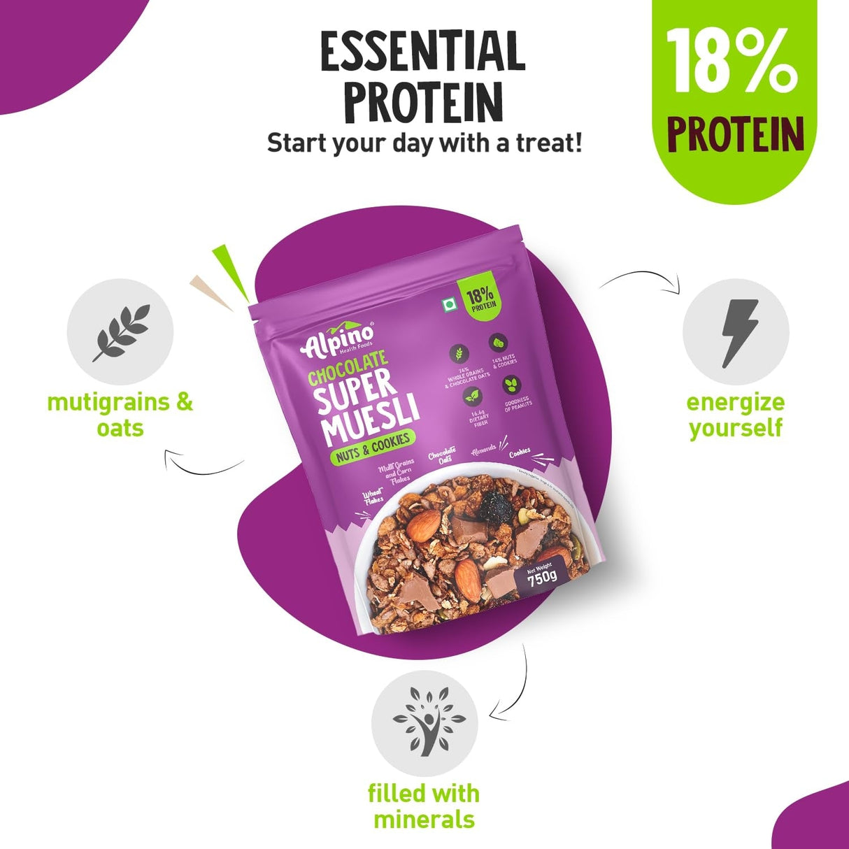 Alpino Super Muesli (Whole Grain Breakfast Cereal) - 750 gm