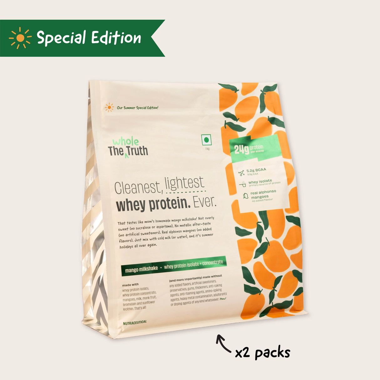 The Whole Truth 24g Whey Protein Concentrate - 1 Kg (Pack of 2)