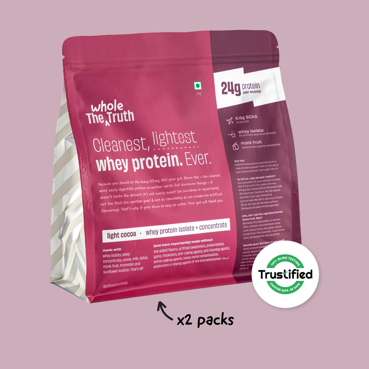 The Whole Truth 24g Whey Protein Concentrate - 1 Kg (Pack of 2)