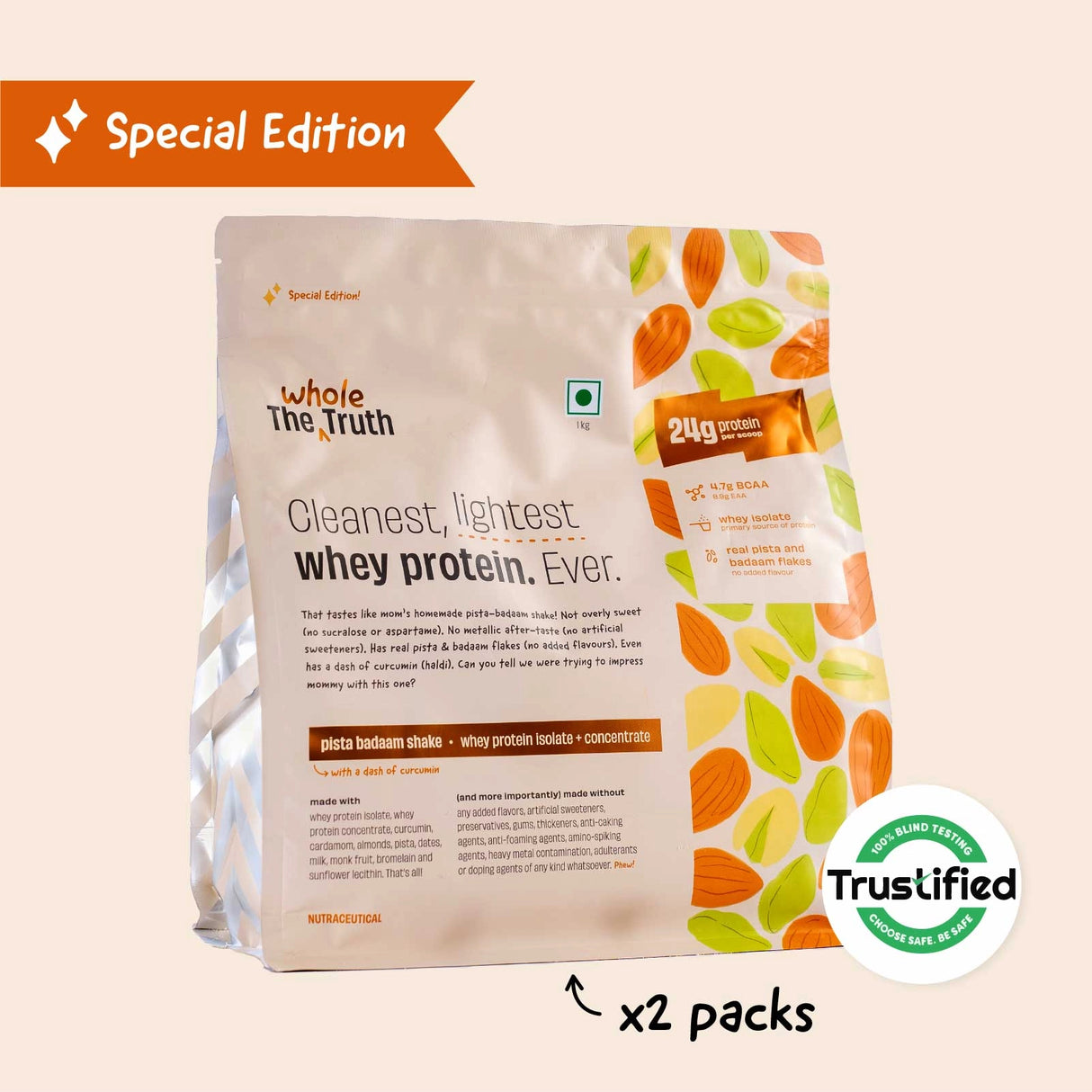 The Whole Truth 24g Whey Protein Concentrate - 1 Kg (Pack of 2)