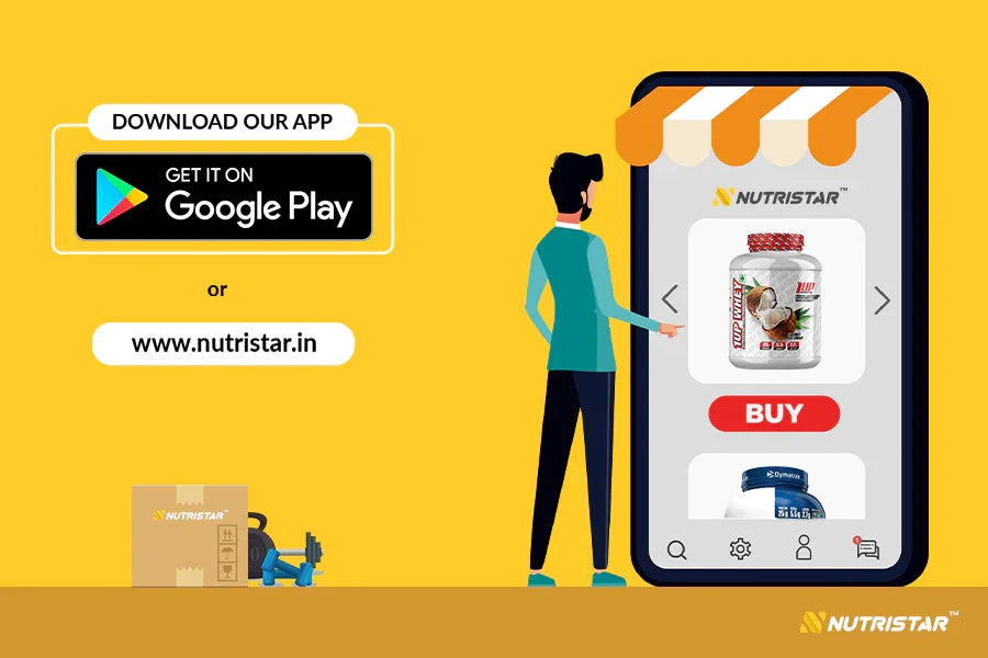 Shop supplements online at Nutristar, man buying protein powder on mobile app