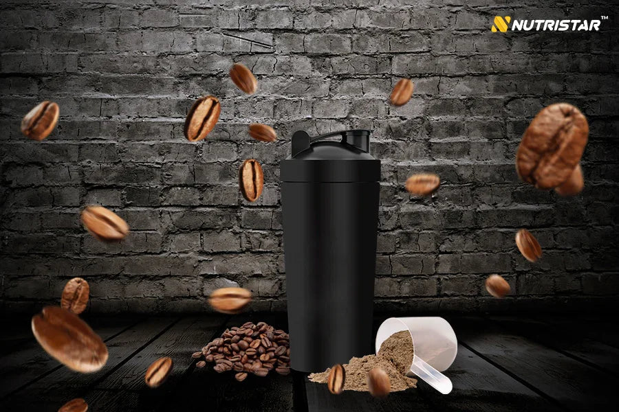 Shop Nutristar whey protein coffee pre-workout with shaker, coffee beans, and scoop