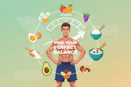 Fit young man with floating nutrition icons like protein, eggs, vitamins, avocado, rice; shop health supplements online at Nutristar.