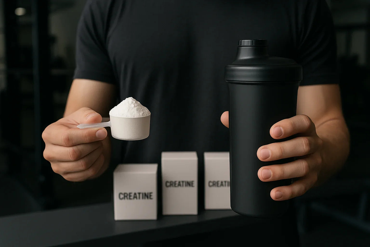 Shop creatine powder online at Nutristar, gym setting with scoop and shaker bottle