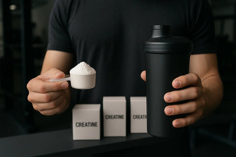 Shop creatine powder online at Nutristar, gym setting with scoop and shaker bottle