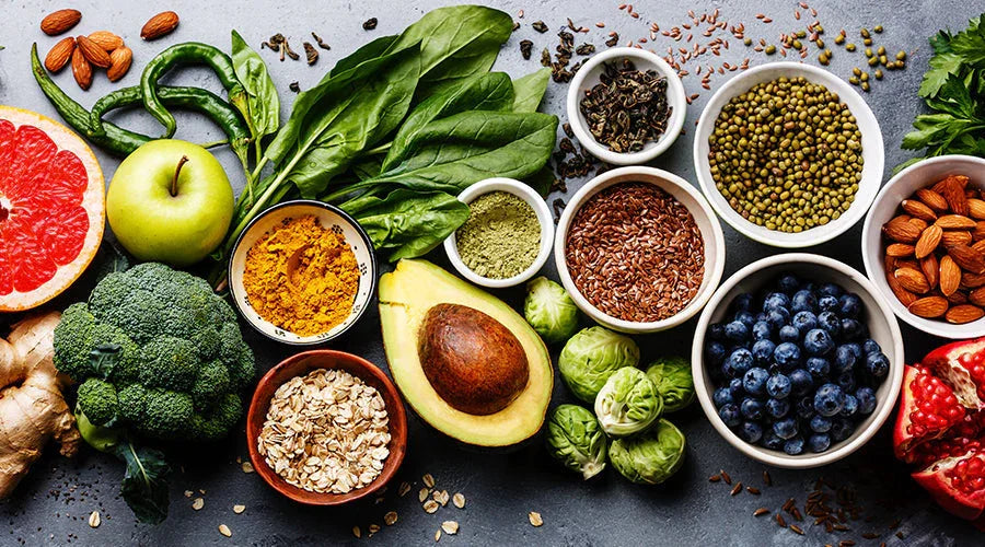 Shop Nutristar for health supplements online; colorful fresh fruits, vegetables, seeds, and nuts.