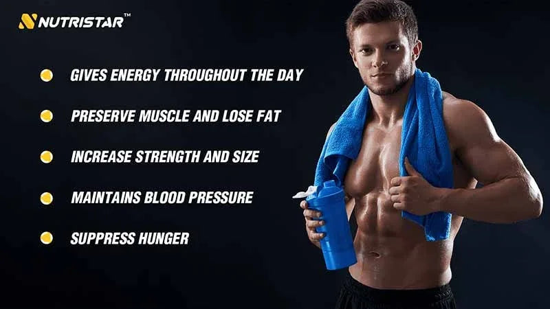 Shop whey protein at Nutristar: muscular man with shaker and towel, benefits listed, dark background.