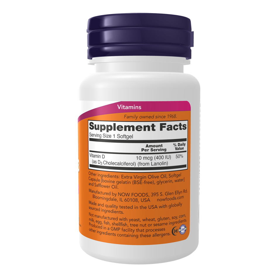 NOW Foods Vitamin D-3 400 IU | Non-GMO | 180 Softgels