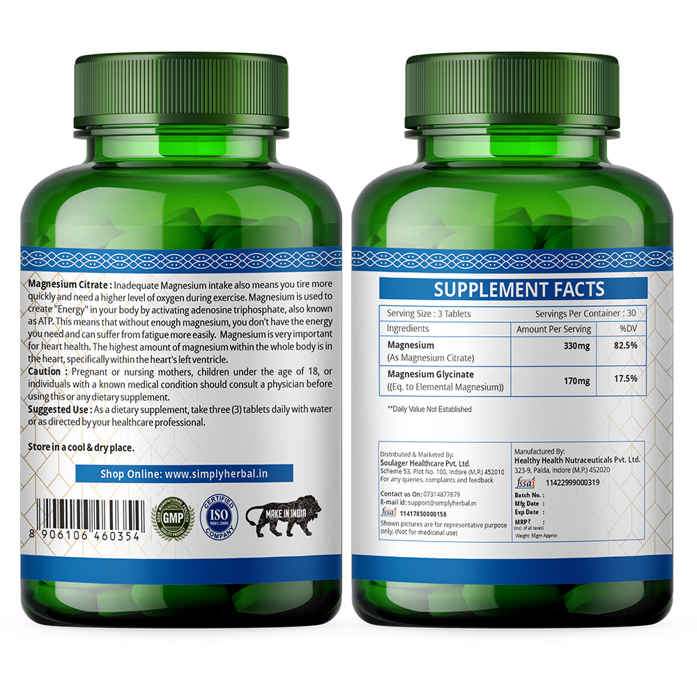 Simply Herbal Magnesium Citrate & Glycinate Complex 500mg | 90 Veg Tablets