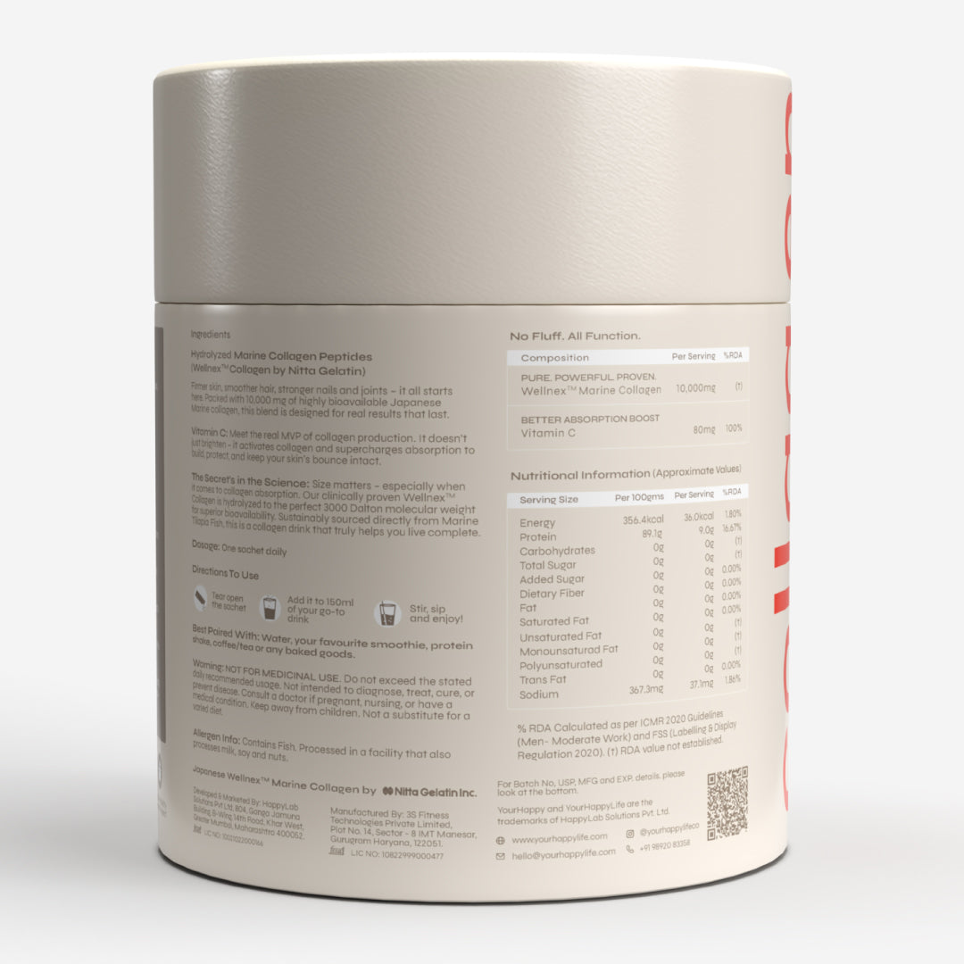 YourHappyLife Collagen Naked | Marine Collagen Peptides 10,000mg | Unflavored | 25 Servings