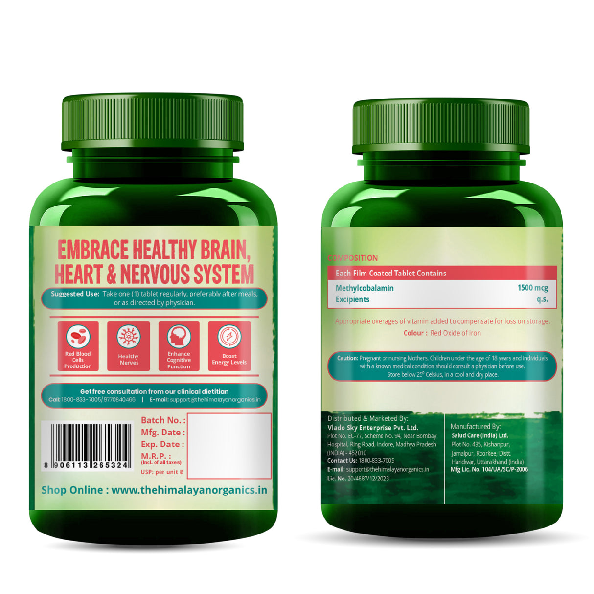 Vlado's Himalayan Organics Vitamin B12 1500mcg Tablets | 120 Veg Tablets | Methylcobalamin Supplement