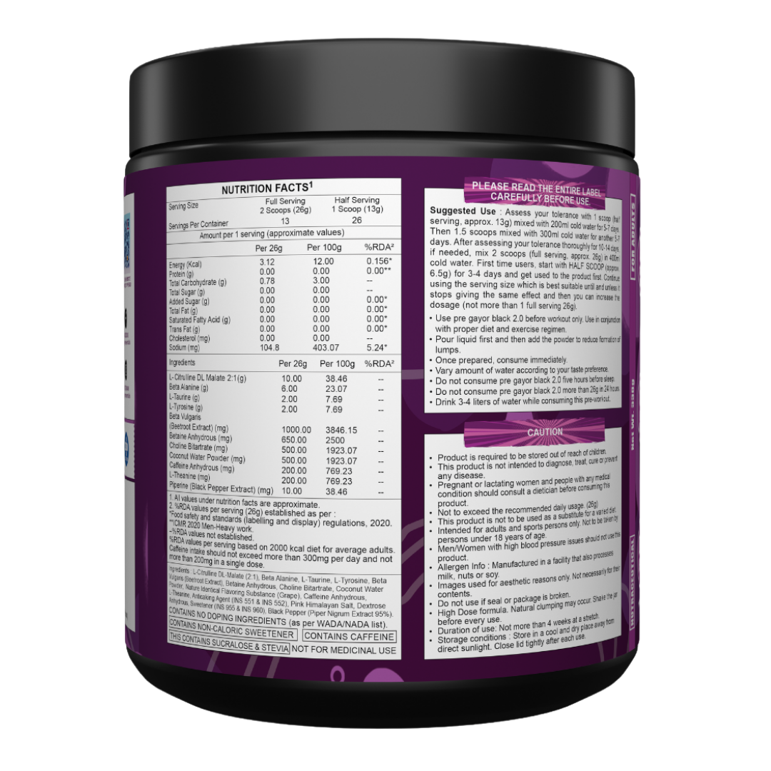 Gayor Essentials Pre Gayor Black 2.0 Pre-Workout Powder 338g | 200mg Caffeine