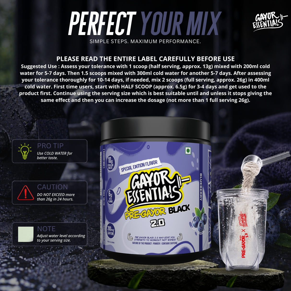 Gayor Essentials Pre Gayor Black 2.0 Pre-Workout Powder 338g | 200mg Caffeine