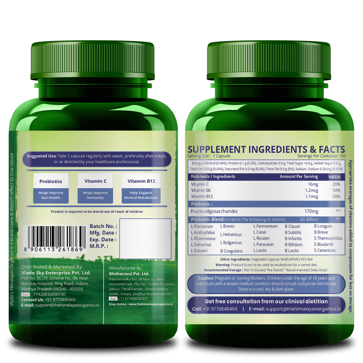 Vlado's Himalayan Organics, Probiotics 60 Billion CFU with Prebiotics 170mg - 60 Veg Capsules